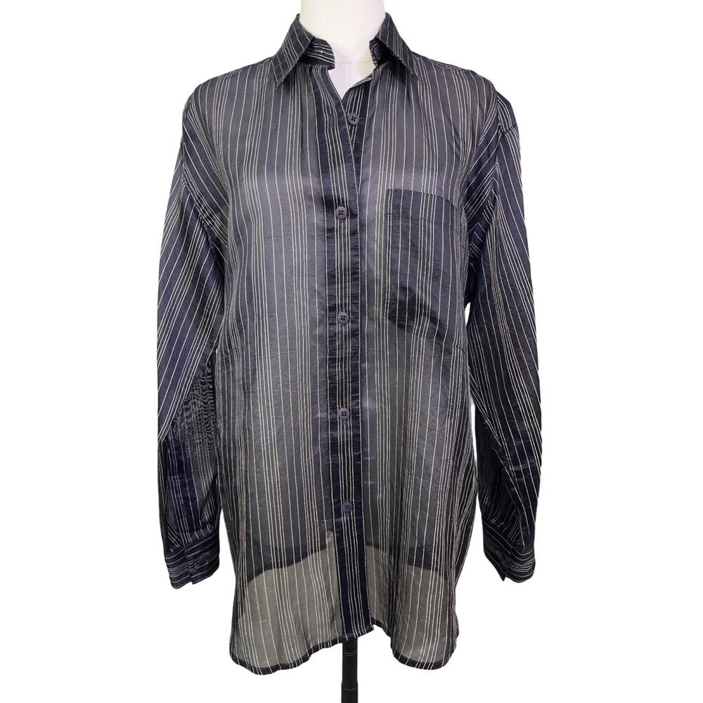 Ellen Tracy Navy Sheer Striped Button Down Blouse Women’s 8 Evening Party Top